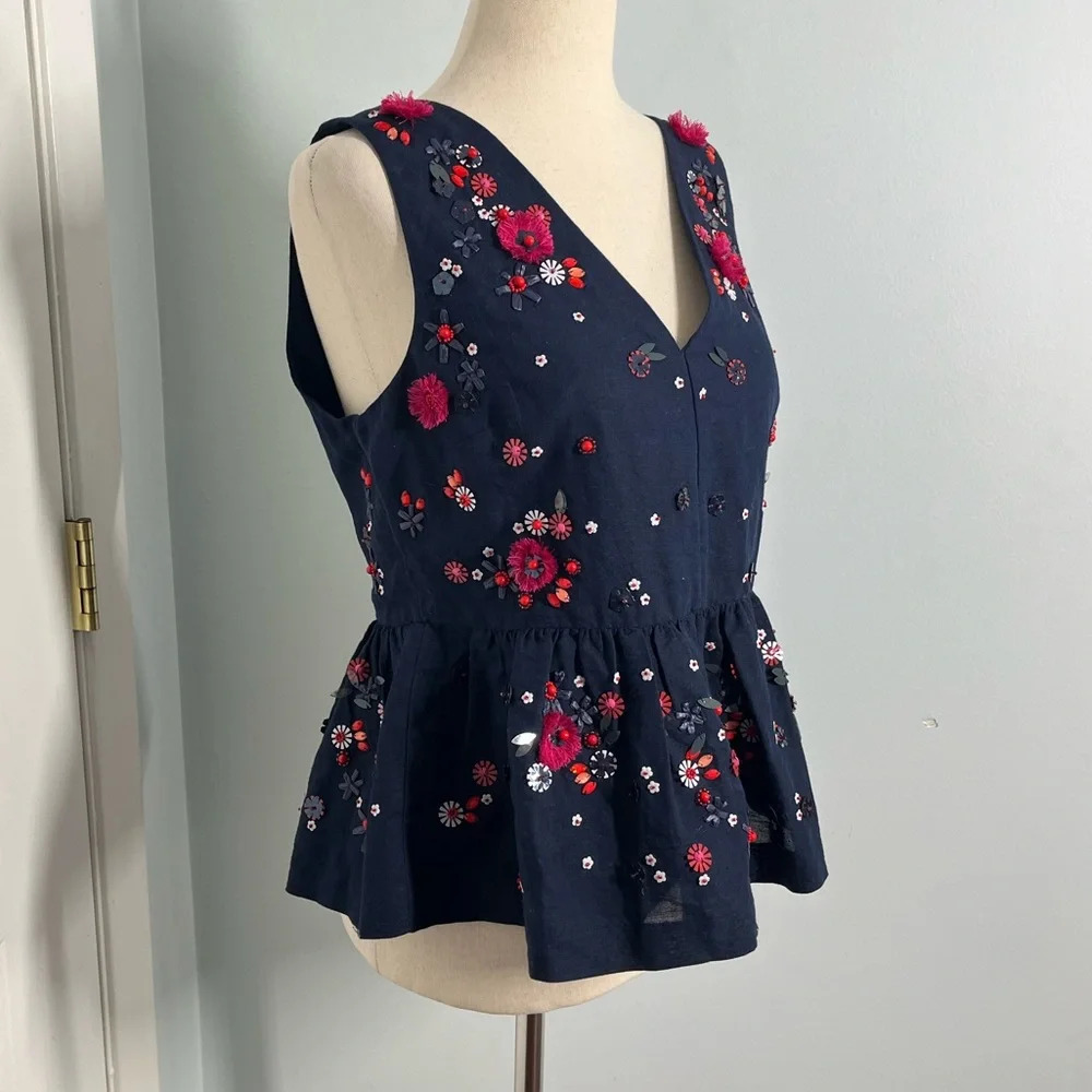 J.Crew Hand Embellished Peplum navy Top size 4 - Picture 8 of 10
